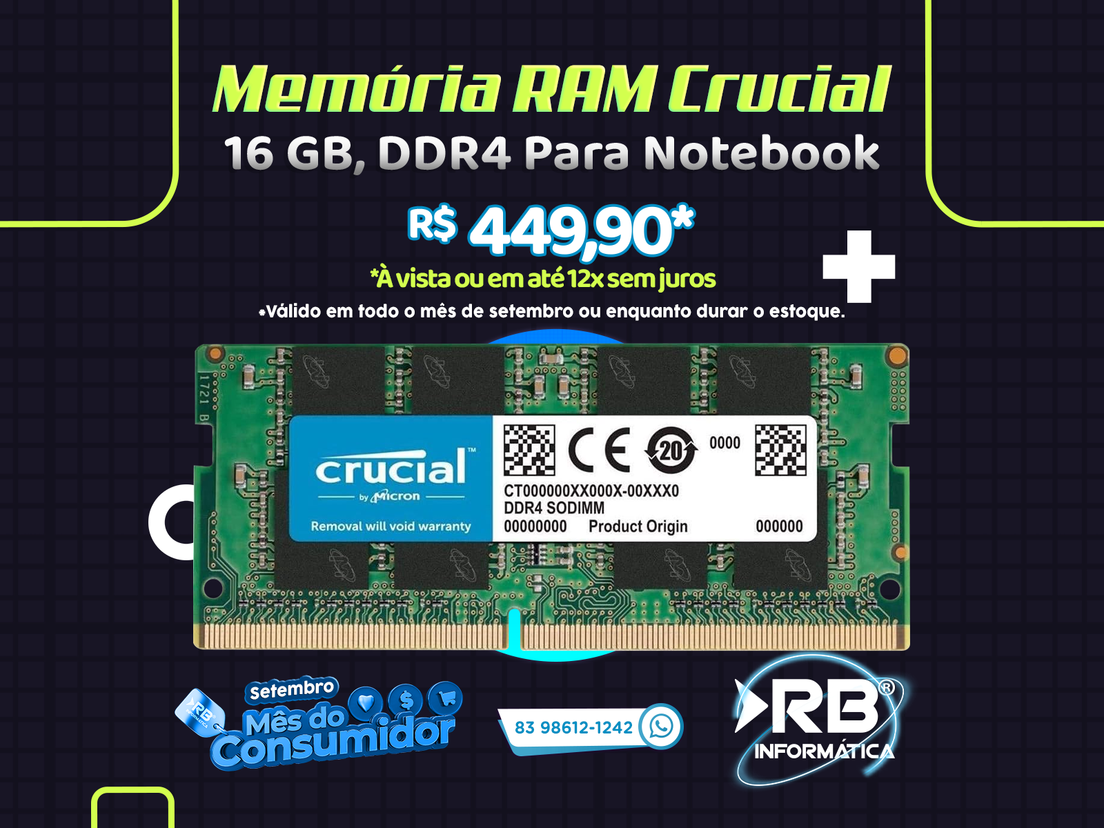 Memória RAM Crucial 16 GB DDR4 para Notebook