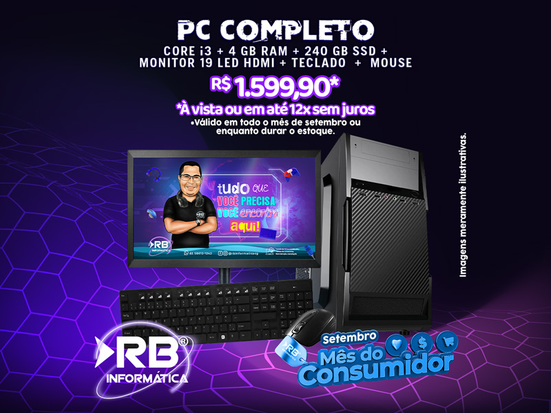 PC Completo Core I3 4GB RAM 240 GB SSD Monitor Led HDMI + Teclado e Mouse